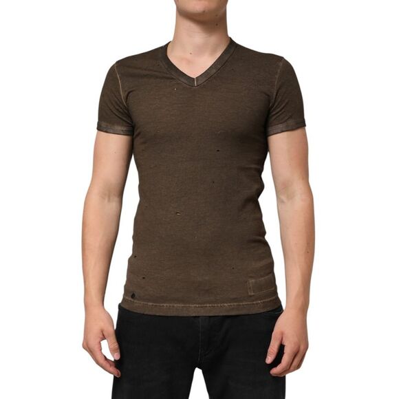 Dolce & Gabbana Dark Brown Cotton Tattered Logo Men Men's T-shirt